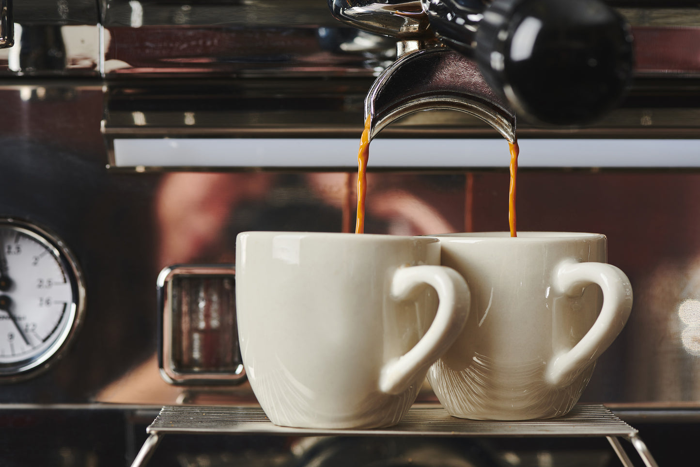 Two shots of espresso being pulled simultaneously.