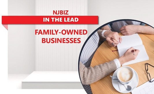 Picture of hand writing in a notebook next to a latte with text reading NJBiz In the Lead Family owned businesses