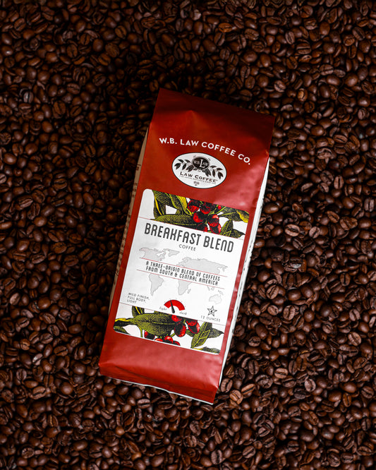 WB Law Coffee Co. Breakfast Blend Coffee 12oz bag — medium roast, bright and smooth with caramel notes, blended from multiple regions in Central & South America.