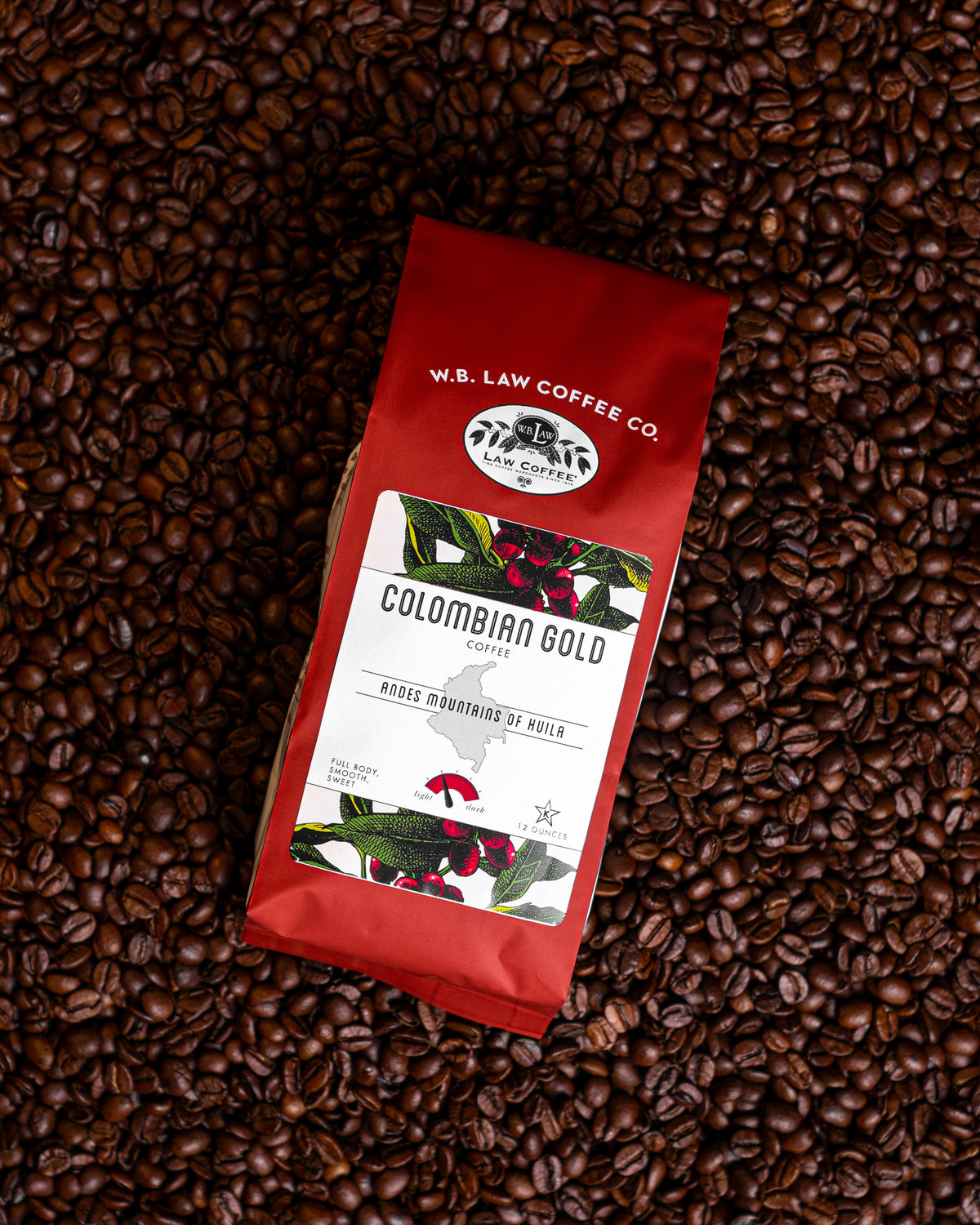 WB Law Coffee Co. Colombian Gold Coffee 12oz bag — medium roast, bright and smooth with caramel notes, sourced from Colombia