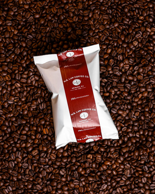 A 3oz frac pack of WB Law Coffee's Colombian Gold  coffee perfect for drip coffee batch brewing delivering a perfectly sweet full bodied coffee.