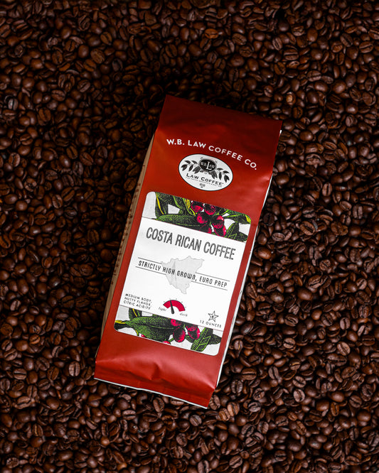 WB Law Coffee Co. Costa Rican Tarrazu coffee 12oz bag — 100% Arabica medium roast, bright and smooth notes, sourced from Tarrazu Costa Rica.