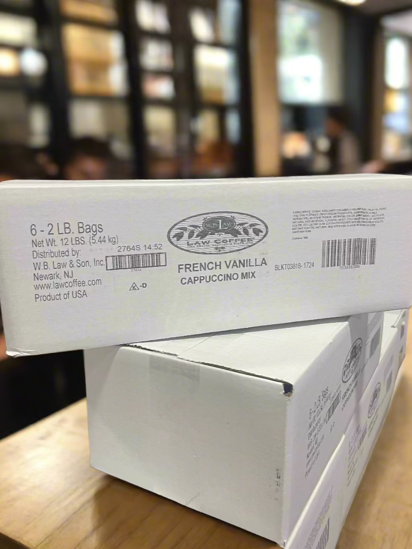 A 12lb case of French Vanilla powdered cappuccino mix by W.B. Law Coffee Co.