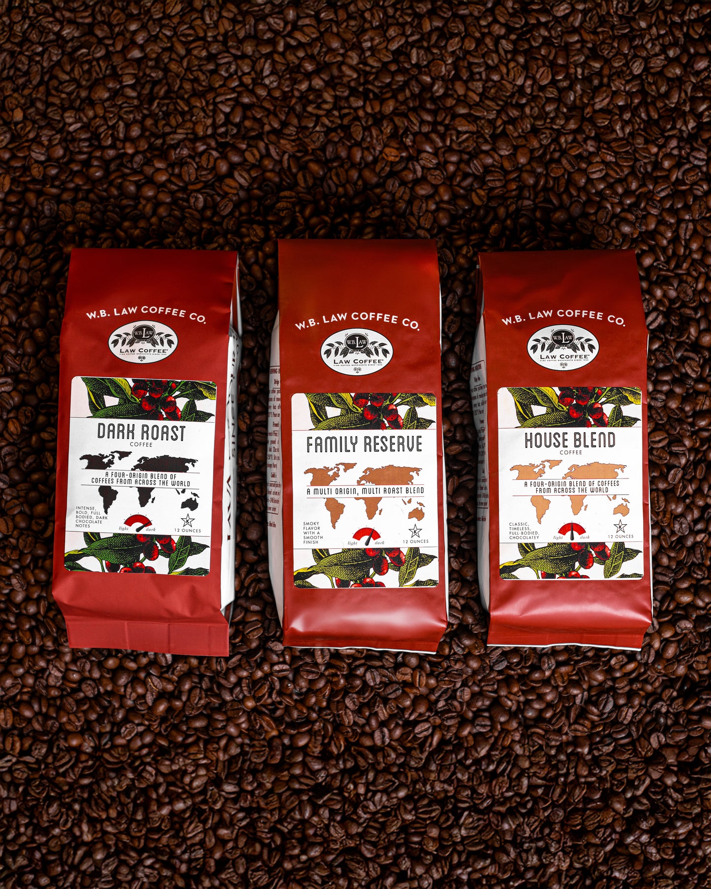 A bundle of three bags of coffee with different roast profiles; light, medium and dark.