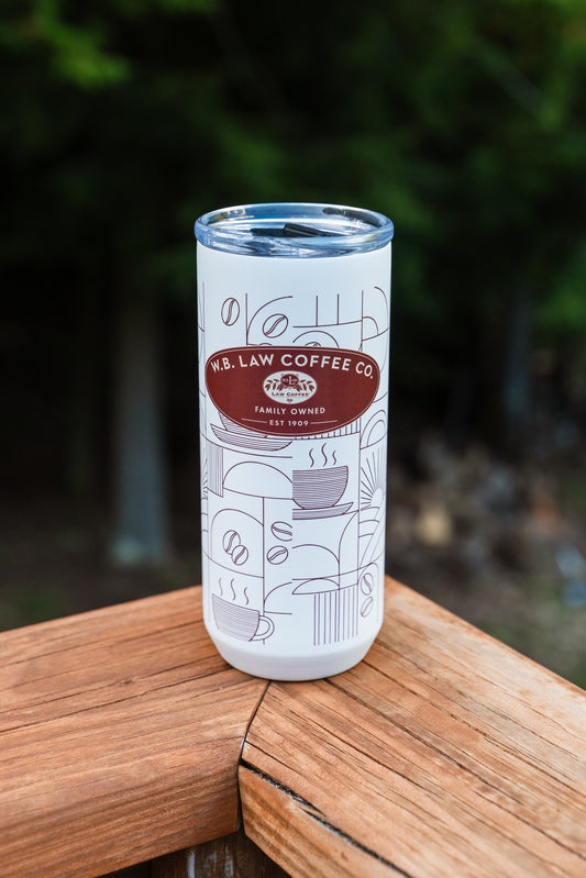 A white double steel walled insulated travel tumbler manufactured by Created Co. and designed for WB Law Coffee Co.