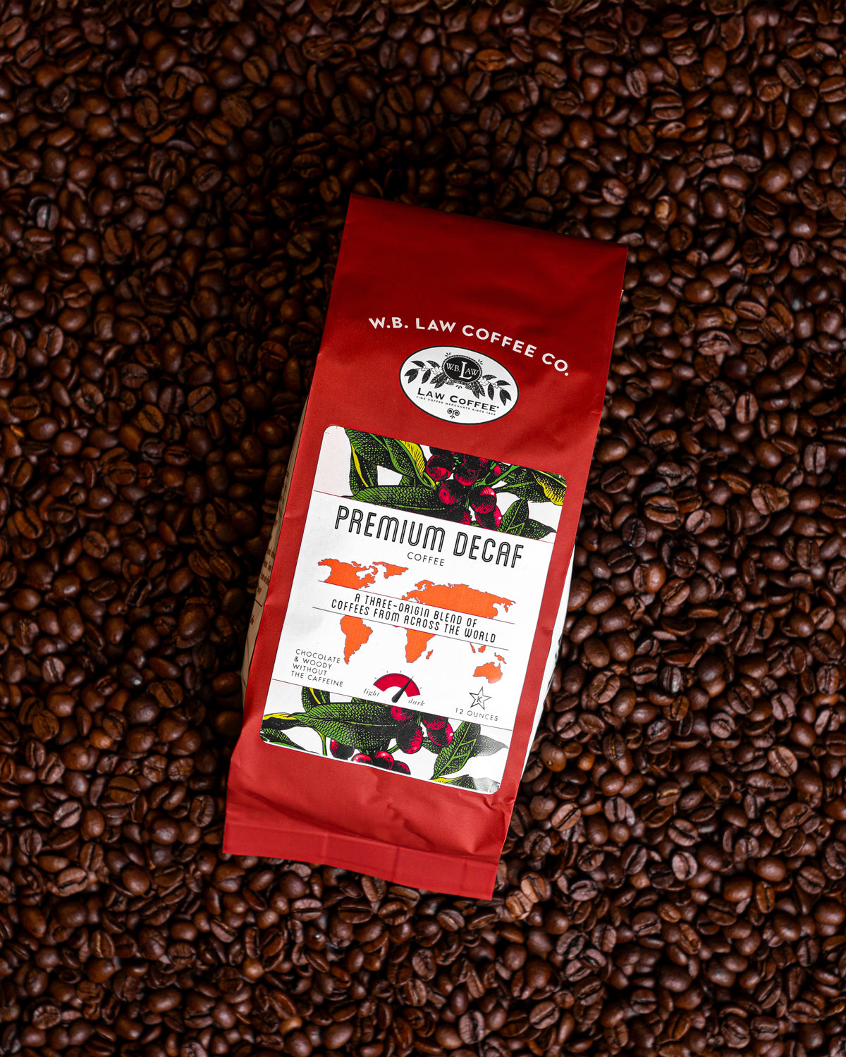 A 12oz bag of WB Law Coffee premium decaf coffee beans delivering great full-bodied coffee flavors without the caffeine.