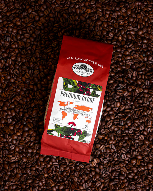 A 12oz bag of WB Law Coffee premium decaf coffee beans delivering great full-bodied coffee flavors without the caffeine.