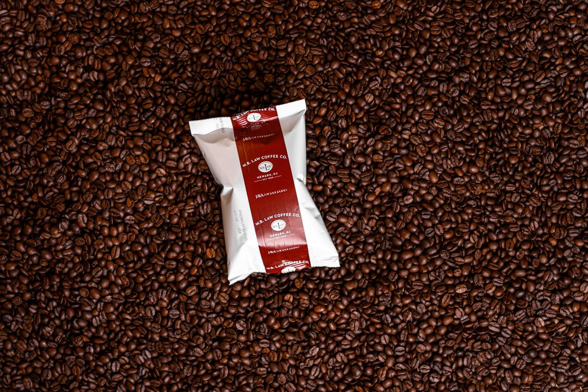 A 2.5oz ground frac pack of WB Law Coffee 100% Arabica Mexican Alturra Coffee.