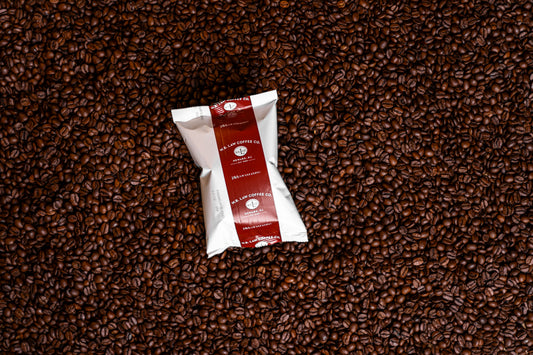A 2.5oz ground frac pack of WB Law Coffee 100% Arabica Mexican Alturra Coffee.