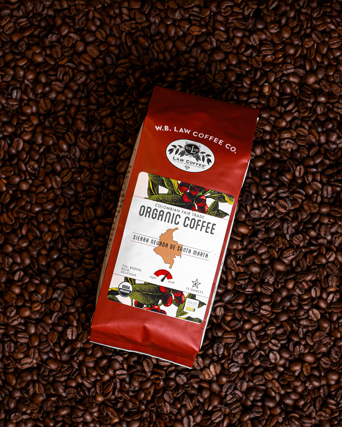 WB Law Coffee Co. Organic Colombian Coffee 12oz bag — 100% Arabica bold roasted, bright and smooth with dark chocolate notes, sourced from Sierra Nevada de Santa Marta, Colombia.