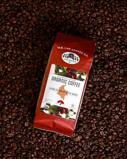 WB Law Coffee Co. Organic Colombian Coffee 12oz bag — 100% Arabica bold roasted, bright and smooth with dark chocolate notes, sourced from Sierra Nevada de Santa Marta, Colombia.