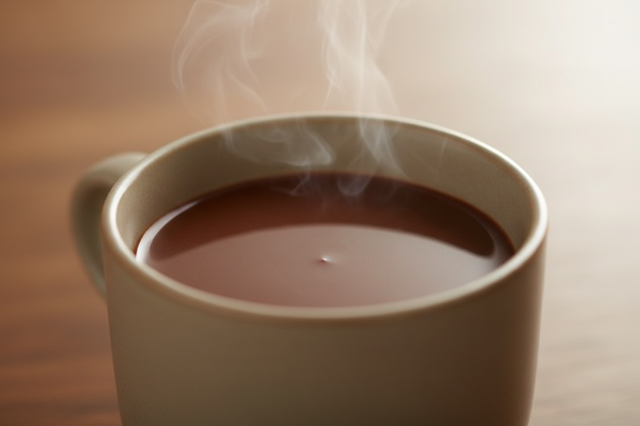 a steaming white cup of hot chocolate 