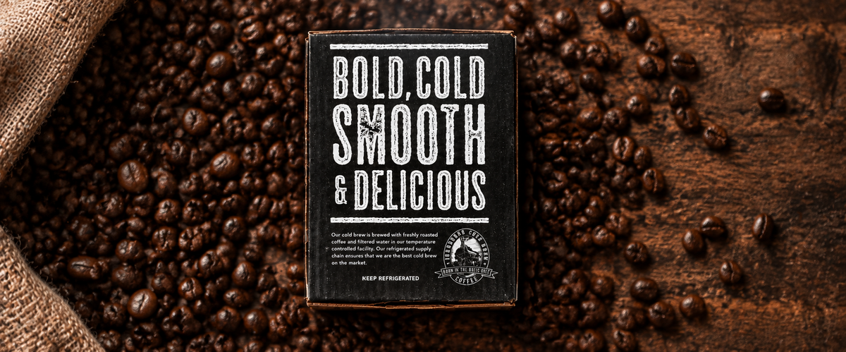 A view of a bag in box of Ironbound Cold brew coffee- bold, cold, smooth and delicious!