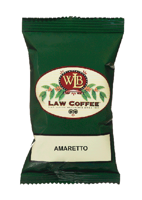 A 100% arabica frac pack of WB Law Amaretto flavored Brazilian coffee.