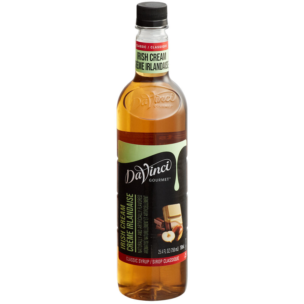 A 750ml bottle of Davinci Irish Creme syrup for hot and iced coffees.