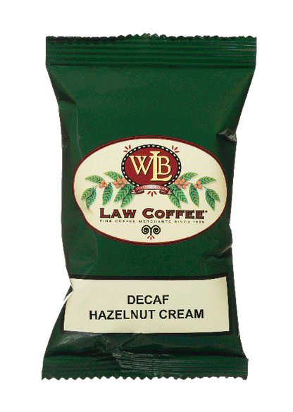A 100% arabica frac pack of WB Law Decaf Hazelnut Cream flavored Brazilian coffee.