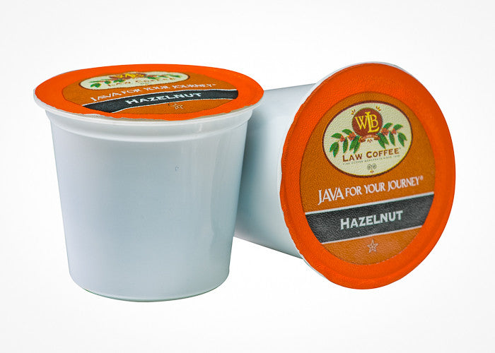 Two WB Law Coffee Co. hazelnut single serve coffee cups.