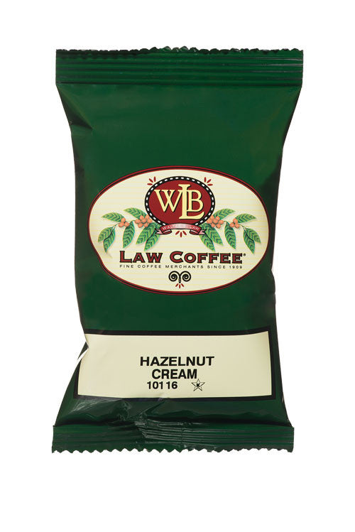 A 100% arabica frac pack of WB Law Hazelnut Cream flavored Brazilian coffee.