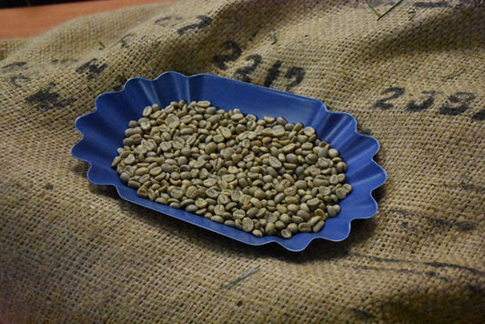 A blue tray filled with green Sumatran Mandheling coffee beans placed on top of a burlap sack.