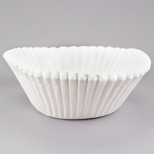 A white coffee filter designed for use with coffee urns, displaying pleated sides and a flared shape.